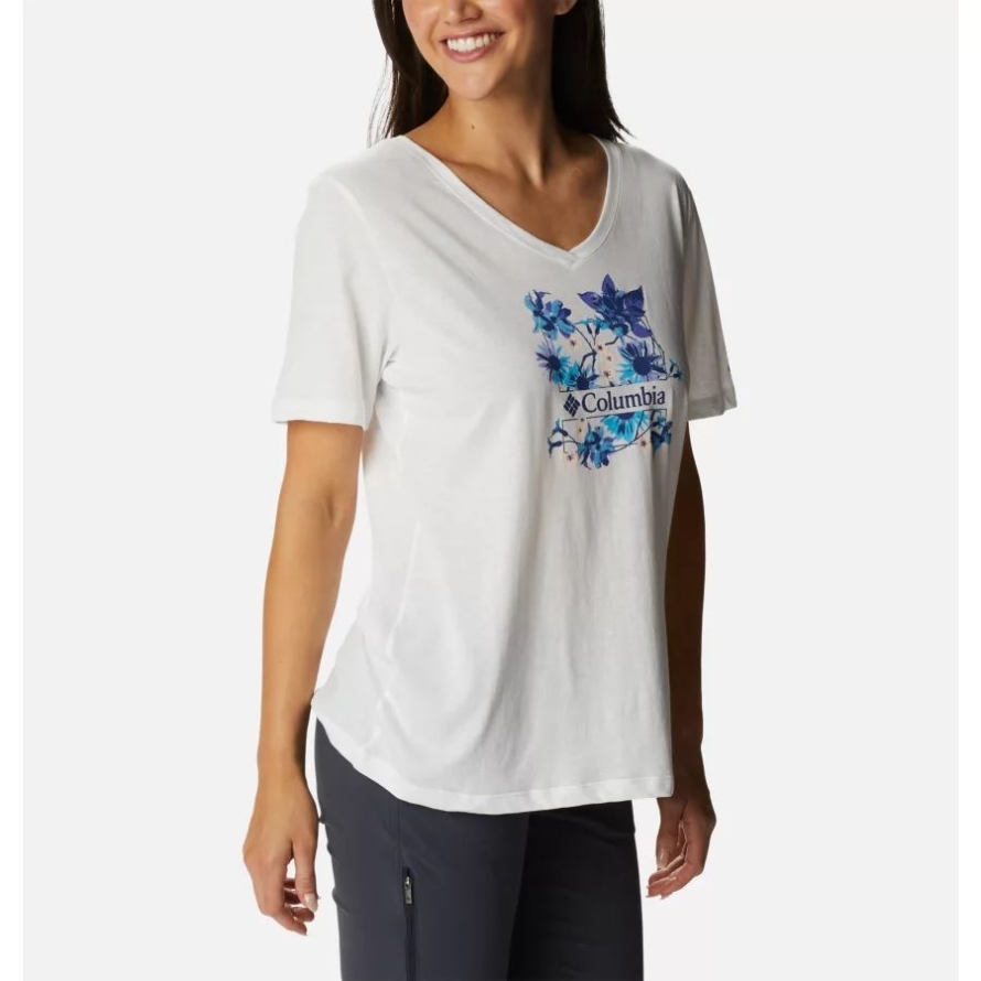 White/Jubilant Escape Graphic Columbia Women's Bluebird Day Relaxed V-Neck Shirt