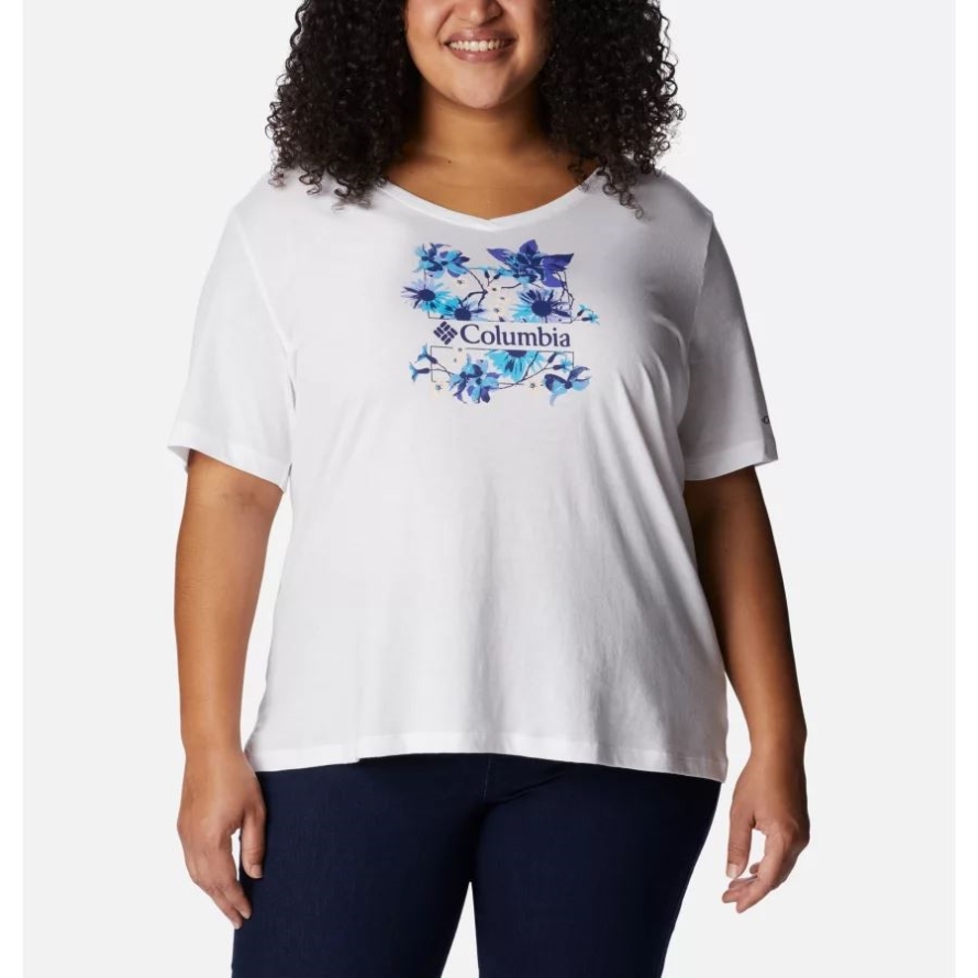 White/Jubilant Escape Graphic Women's Bluebird Day Relaxed V- Neck Shirt Plus Size Columbia
