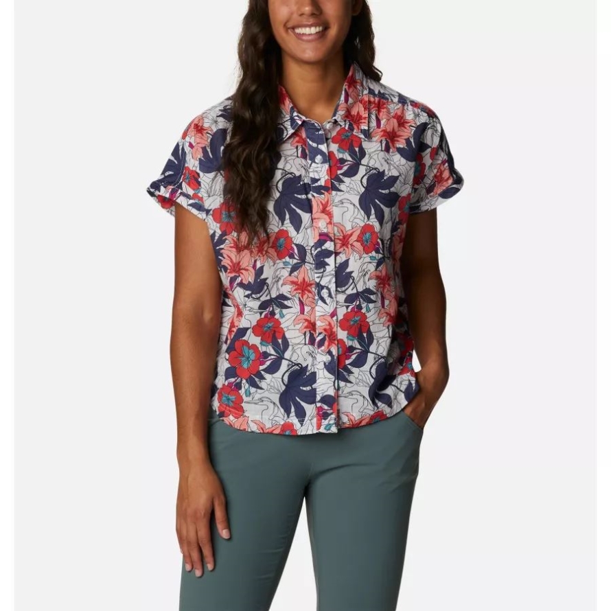 White Lakeshore Floral Multi Women's Camp Henry IV Casual Short Sleeve Shirt Columbia