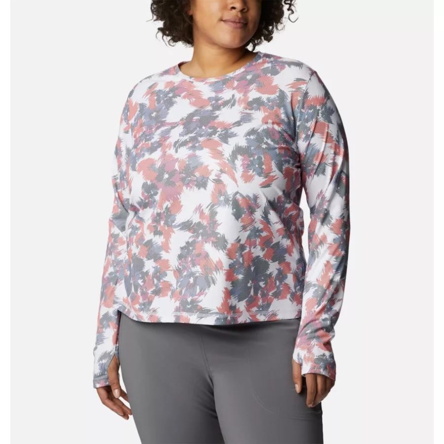 White Typhoon Blooms Columbia Women's Sun Deflector Summerdry Long Sleeve Shirt Plus Size