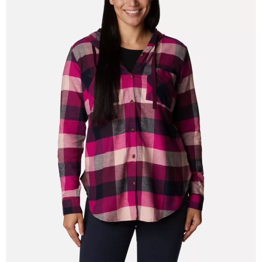 Wild Fuchsia Buffalo Check Women's Anytime Stretch Hooded Long Sleeve Shirt Columbia