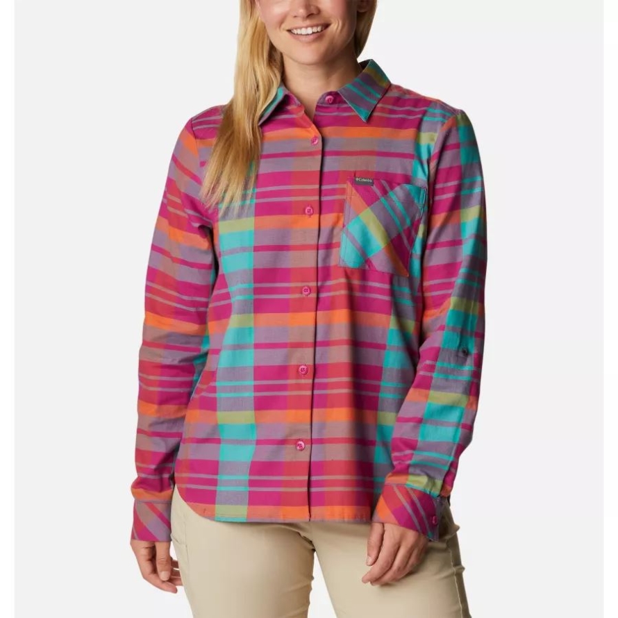 Wild Fuchsia Madras Columbia Women's Anytime Casual II Stretch Long Sleeve T-Shirt