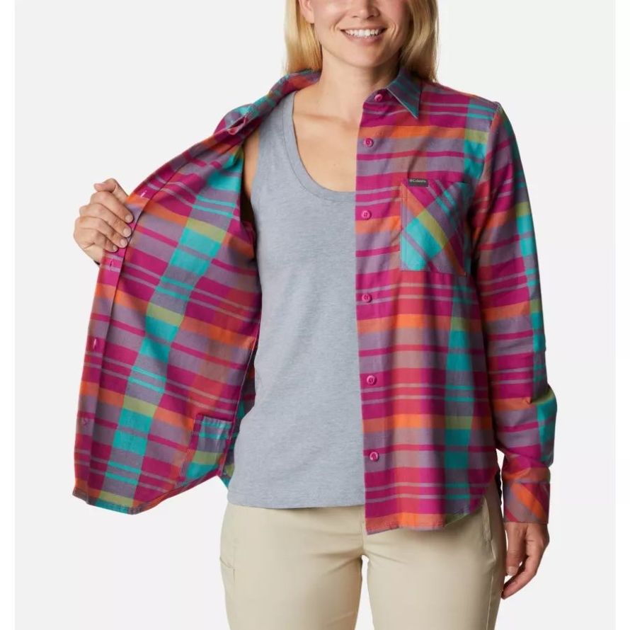 Wild Fuchsia Madras Columbia Women's Anytime Casual II Stretch Long Sleeve T-Shirt