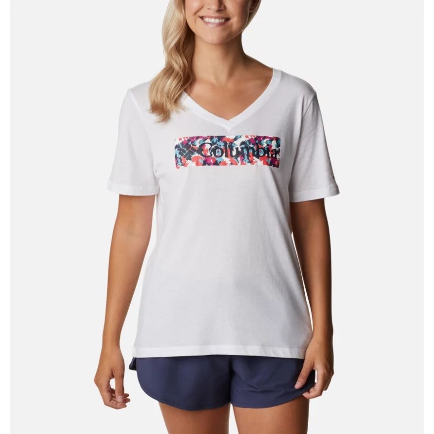 Women's Bluebird Day Casual Graphic T-Shirt Columbia White/Typhoon Blooms Framed