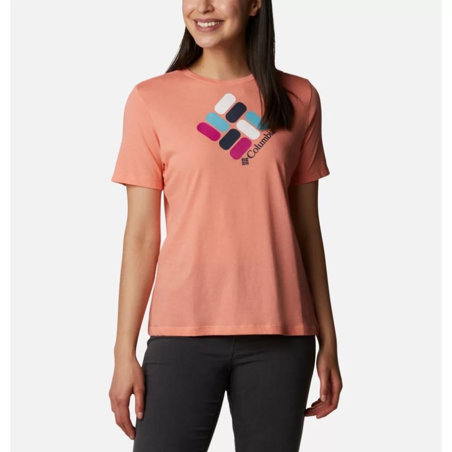 Women's Bluebird Day Relaxed Crew Neck Shirt Columbia Coral Reef Heather/CSC Gem Confetti