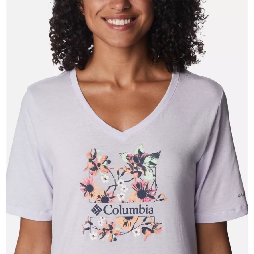 Women's Bluebird Day Relaxed V-Neck Shirt Columbia Purple Tint Hthr/Jubilant Escape Grx