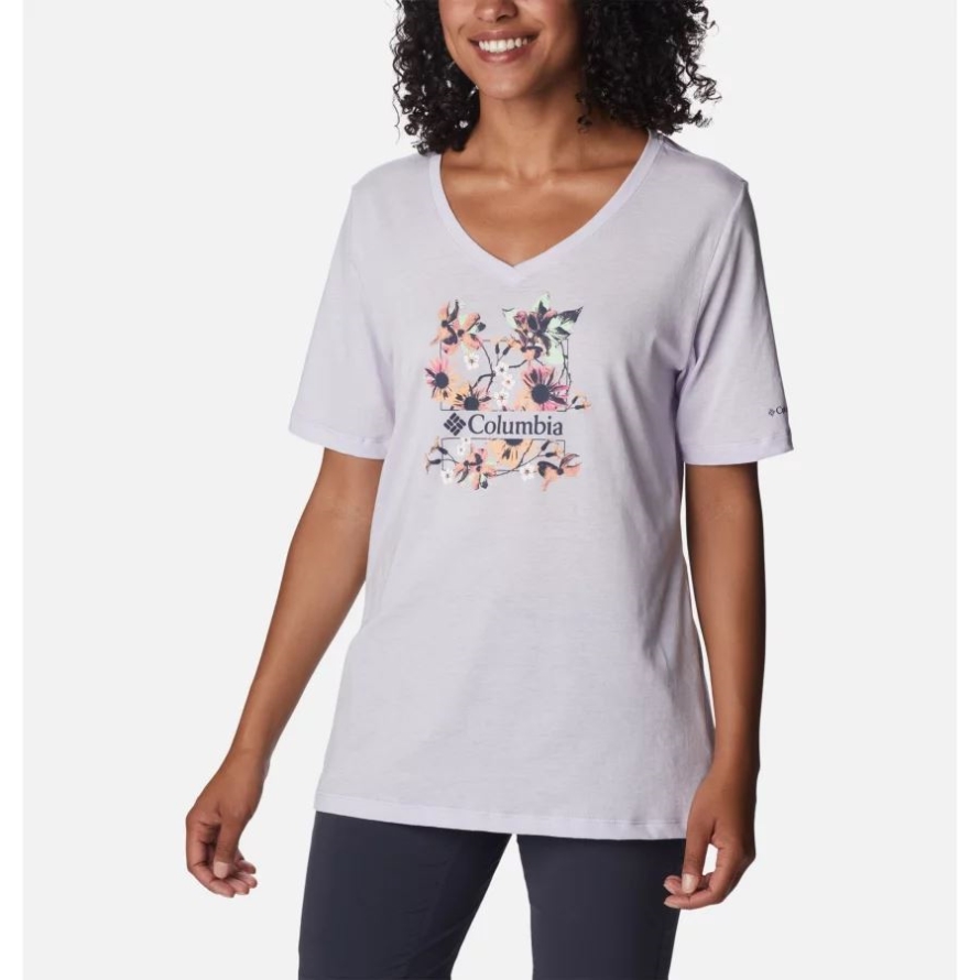 Women's Bluebird Day Relaxed V-Neck Shirt Columbia Purple Tint Hthr/Jubilant Escape Grx