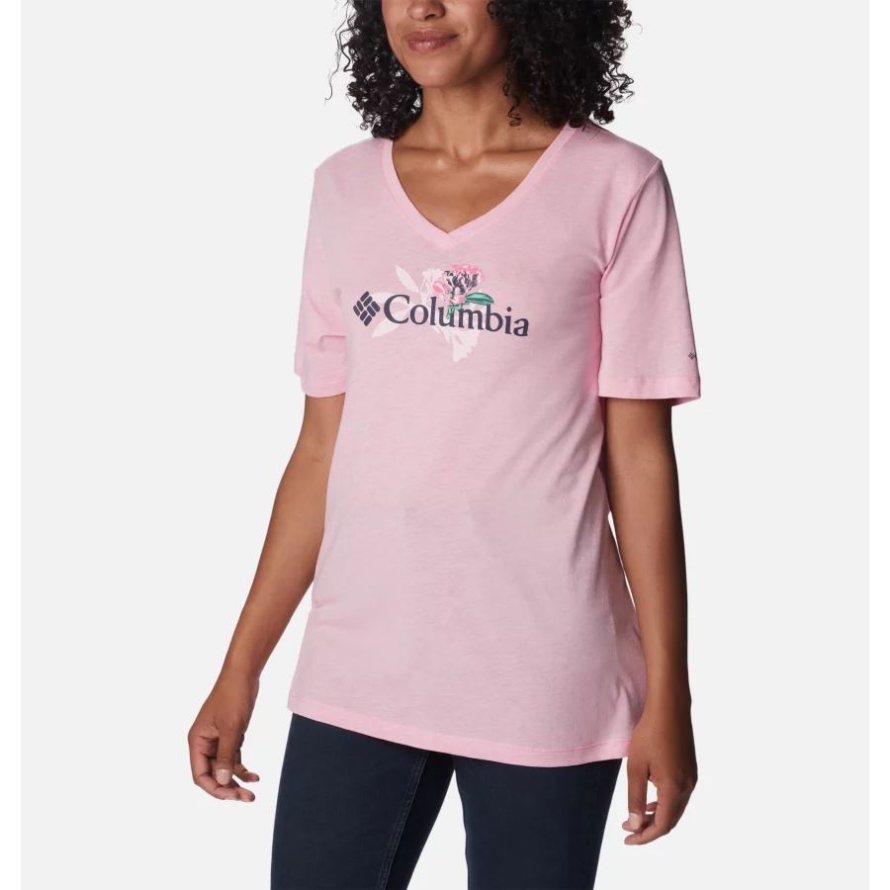 Women's Bluebird Day Relaxed V-Neck Shirt Wild Rose Hthr/Jubilant Flower Graphic Columbia