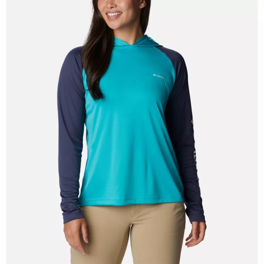 Women's Fork Stream Long Sleeve Hoodie Columbia Bright Aqua/Nocturnal/White Logo
