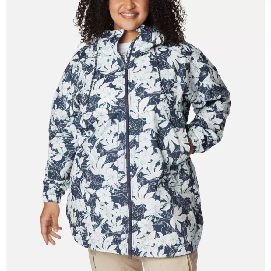 Women's Little Fields Printed Long Jacket Plus Size Nocturnal Lakeshore Floral Print Columbia
