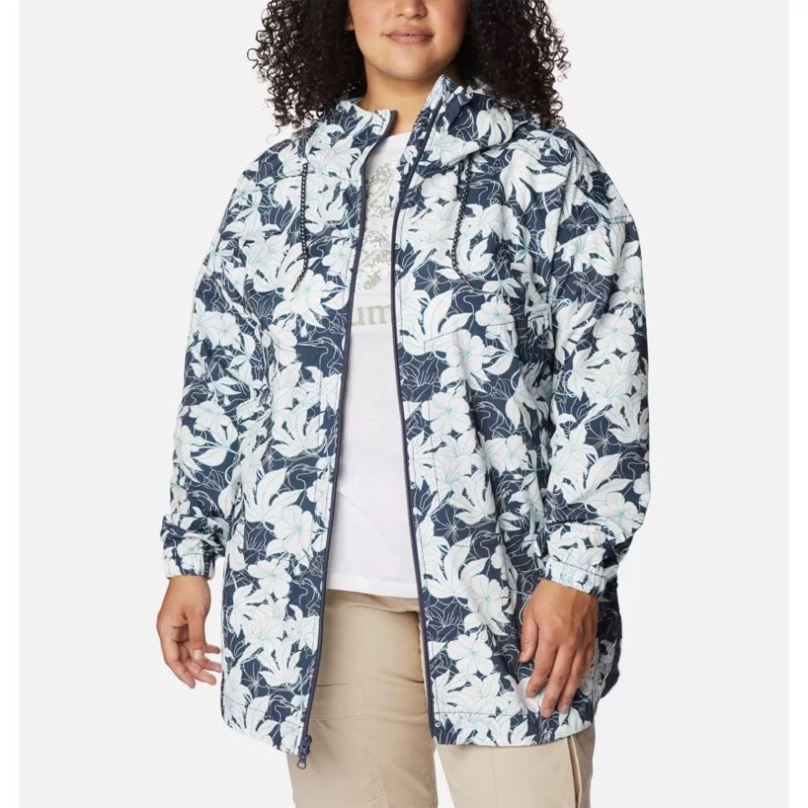 Women's Little Fields Printed Long Jacket Plus Size Nocturnal Lakeshore Floral Print Columbia