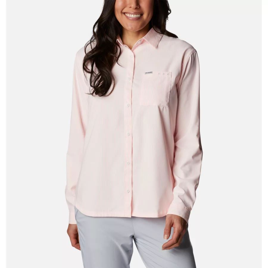 Women's PFG Sun Drifter Woven Long Sleeve Shirt Tiki Pink/Oxford Stripe Columbia