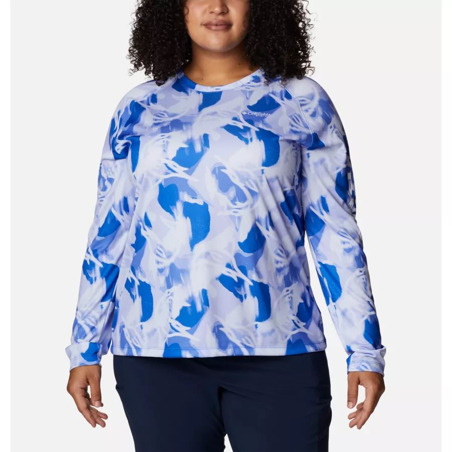 Women's PFG Super Tidal Tee II Long Sleeve Shirt Plus Size Columbia Blue Macaw/Auroras Print