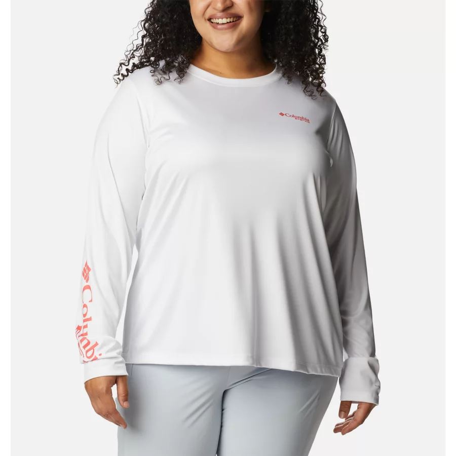 Women's PFG Tidal Tee Island Time Long Sleeve Shirt Plus Size Columbia White/Neon Sunrise