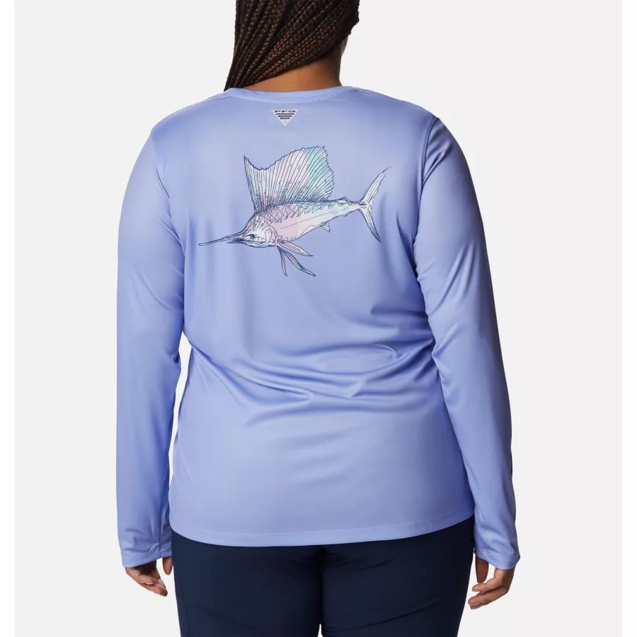 Women's PFG Tidal Tee Sailfish Flair Long Sleeve Shirt Plus Size Serenity/Carbon Aurora Fish Columbia