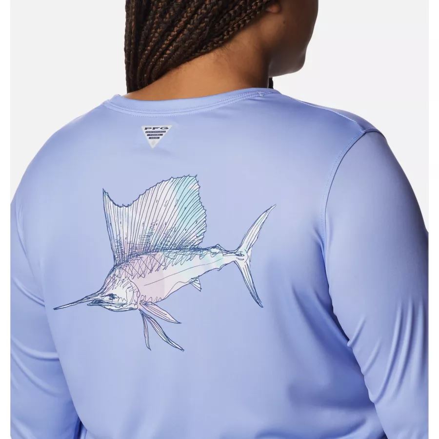Women's PFG Tidal Tee Sailfish Flair Long Sleeve Shirt Plus Size Serenity/Carbon Aurora Fish Columbia