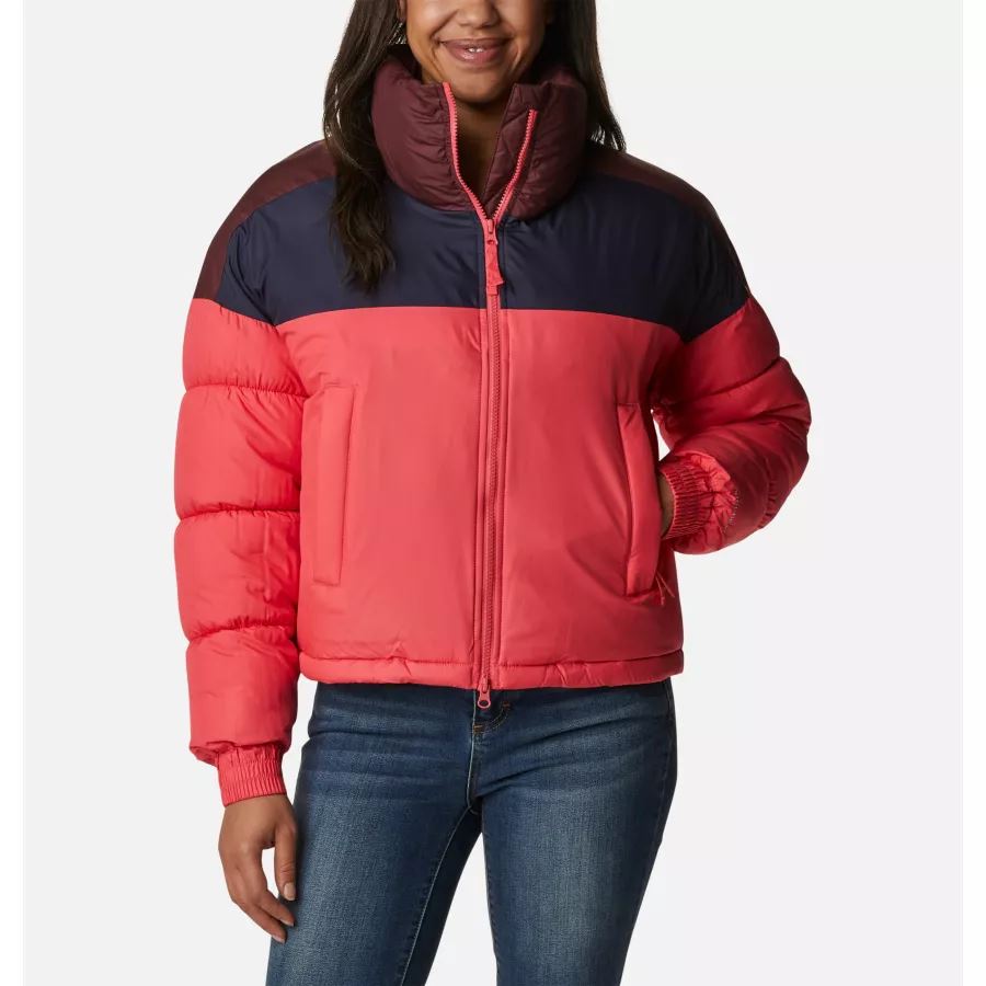 Women's Pike Lake Insulated Cropped Puffer Jacket Bright Geranium/Dark Nocturnal/Malbec Columbia