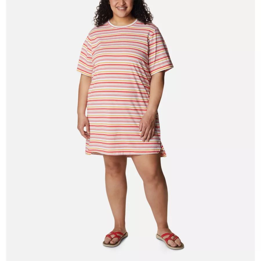 Women's Sun Trek T-Shirt Dress Plus Size Columbia Red Hibiscus Climate Change Stripe