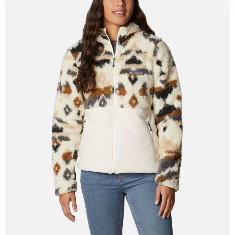Women's Winter Pass Sherpa Hooded Full Zip Fleece Jacket Columbia Chalk Rocky MT Print/Chalk